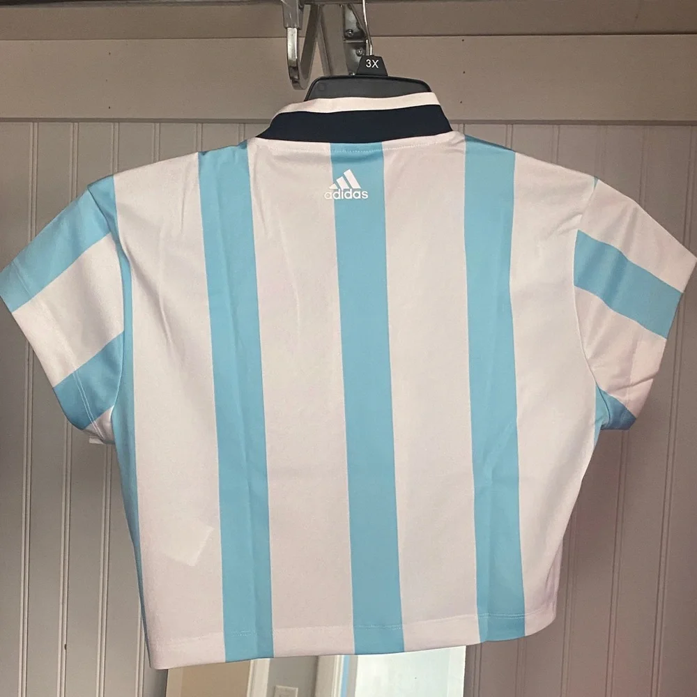Adidas Light Blue & White Striped Womens Cropped Sports Tee - Picture 4 of 6